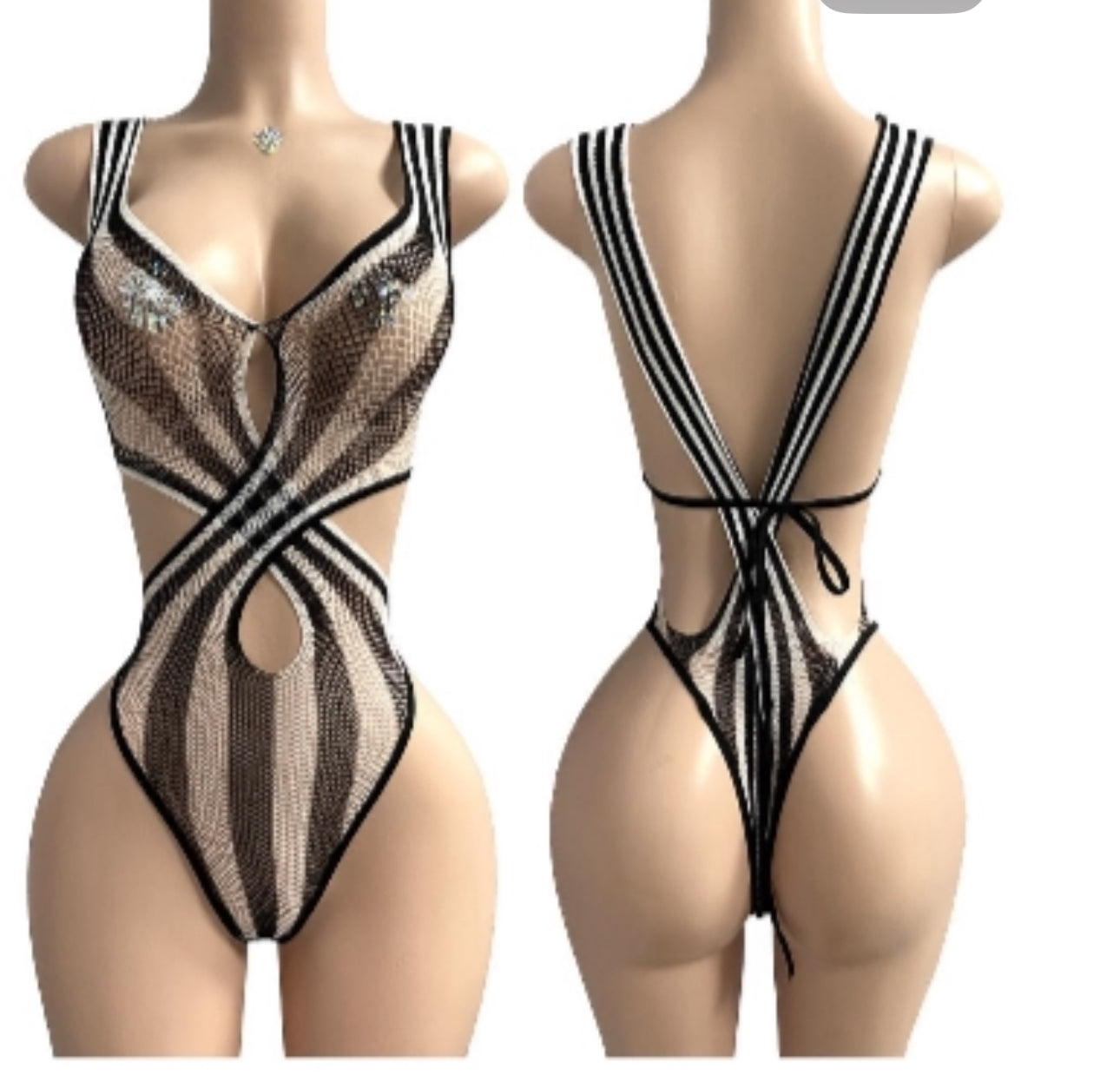 Criss Cross Fishnet Bodysuit with Black/White Stripes