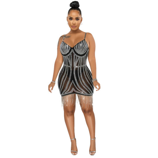 Rhinestone Fringe Mesh Dress