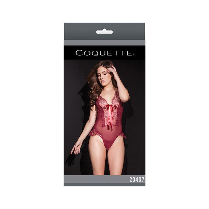 Bold Mesh & Fine Lace Crotchless Teddy Merlot-The Edge OK