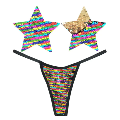 Funfetti Multicolor Rainbow & Gold Flip Sequin Pastie and Pantie Lingerie Set-The Edge OK