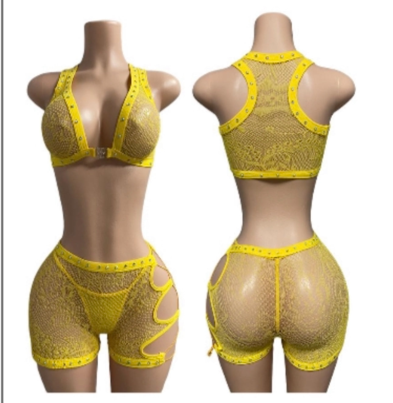 3 Piece Yellow Bling Cutout Bike Short Set-The Edge OK