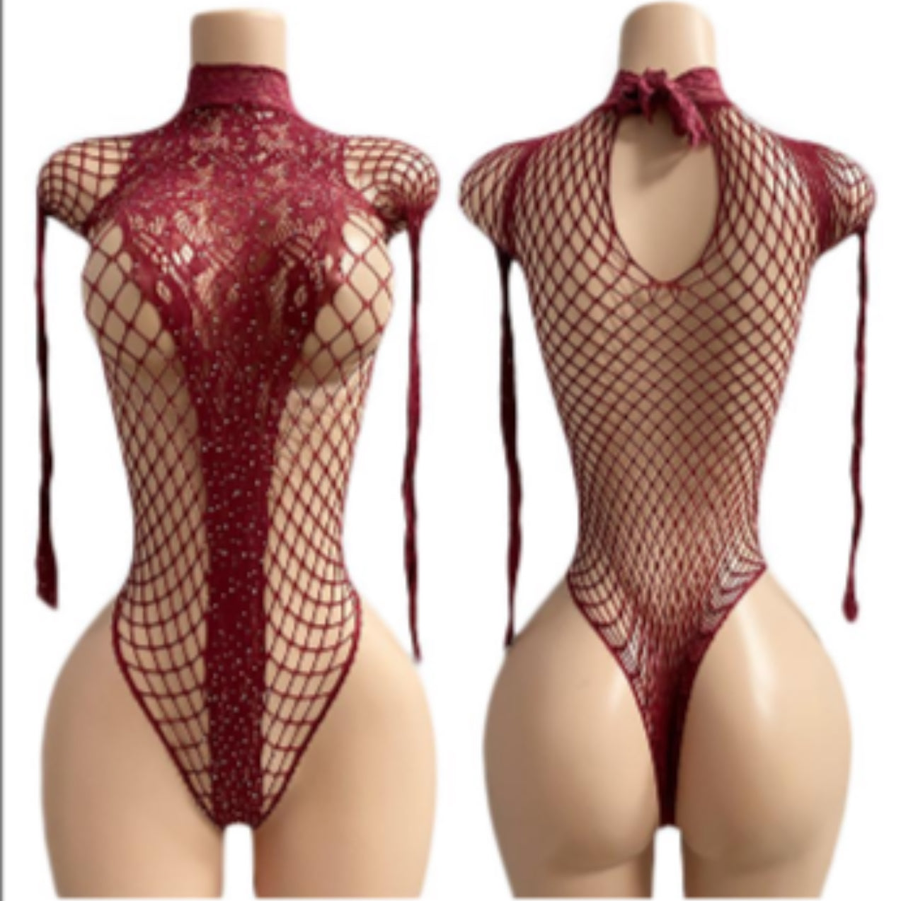 Long Sleeve Fishnet Bodysuit with Rhinestone Lace Detail