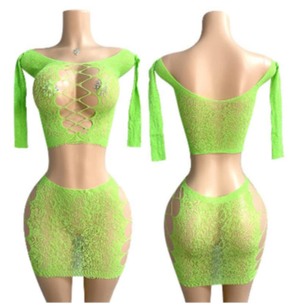 2 Piece Lacey Fishnet Skirt Set