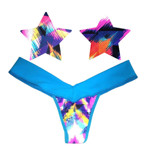 Block Party Multicolor Blue Blacklight Sporto Pastie and Pantie Lingerie Set-The Edge OK