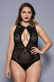 80052Q Plus size front keyhole opening lace teddy with sheer back-The Edge OK