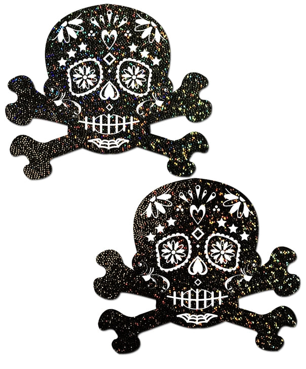 Pastease Black Glittering Candy Skull & Crossbones Pasties-The Edge OK