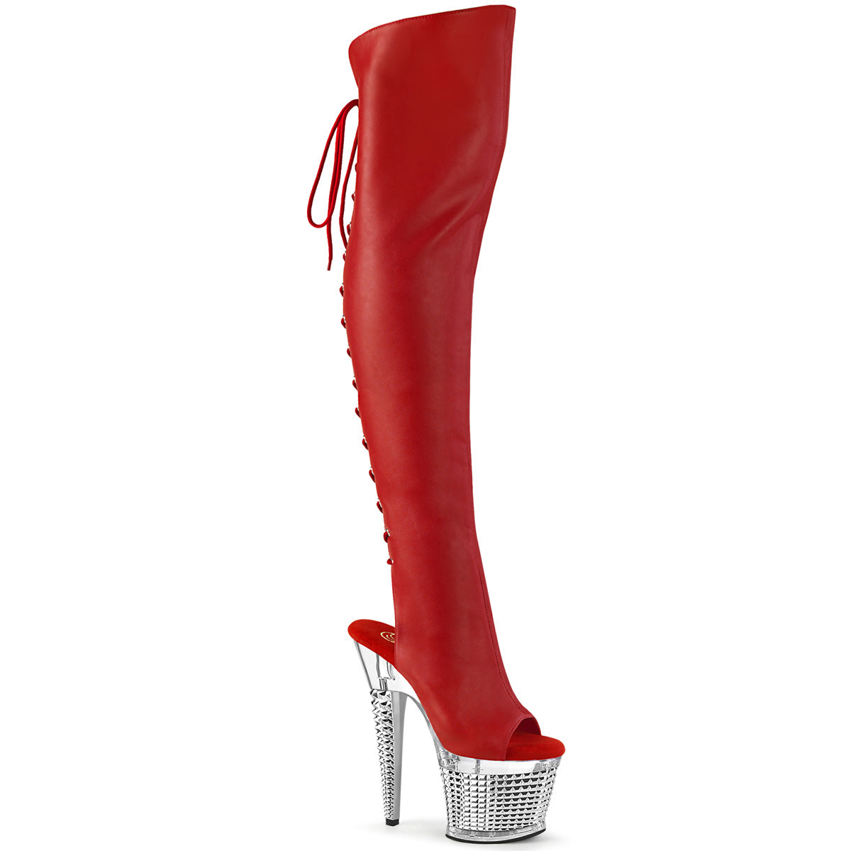 Pleaser Spectator 3019 Lace Up Thigh High Open Toe Boots(white or red)-The Edge OK